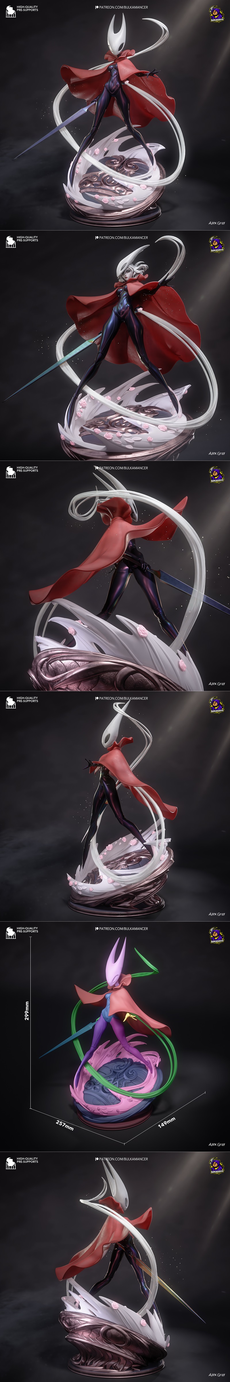 Hornet from Hollow Knight, wearing a red cape and dark armor, holding a needle weapon. 3D model by Bulkamancer Sculpts.