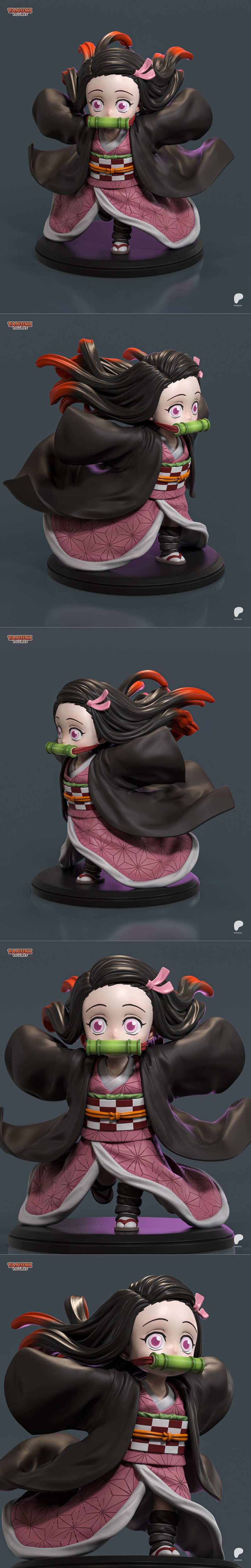 Chibi Nezuko Kamado figure from Demon Slayer, wearing a pink kimono and bamboo muzzle, with large eyes and flowing ha...