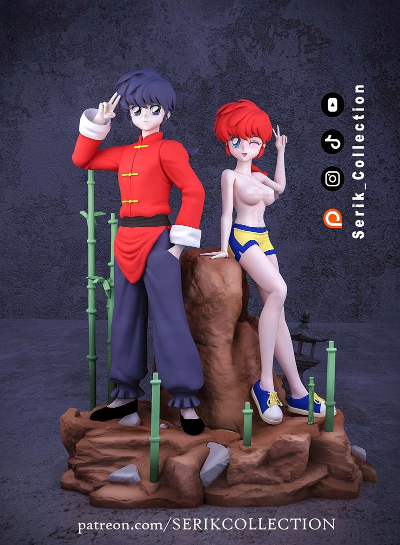 Male and female Ranma Saotome figures in a diorama, posed on rocks with bamboo. Male Ranma wears a red uniform, femal...