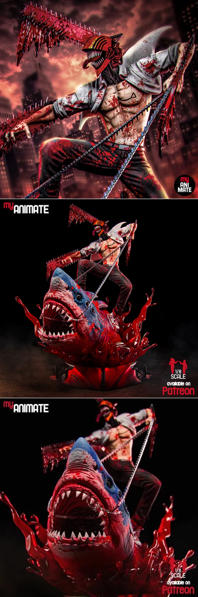 Denji from Chainsaw Man riding a bloody shark, wielding chainsaw weapons, with a dark cityscape behind him. MyAnimate...