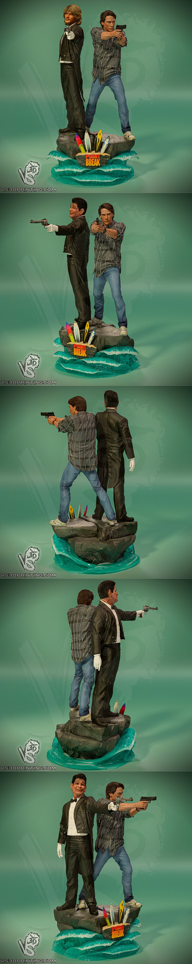 3D models of two men from the movie Point Break, holding guns, with large waves in the background. One man wears a bl...
