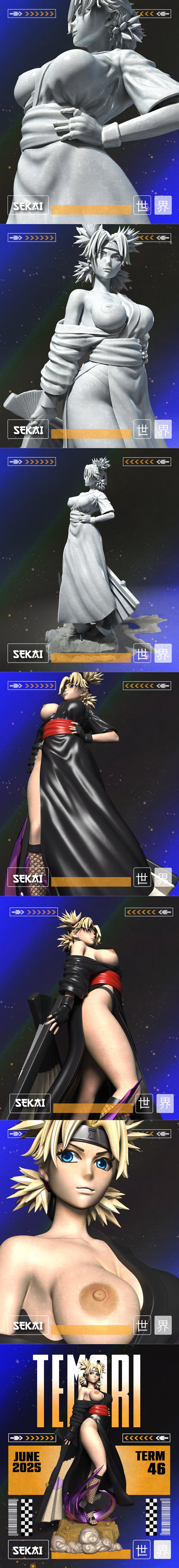 Temari from Naruto anime series, depicted as a 3D printable figure. She wears a black kimono with a red sash, fishnet...