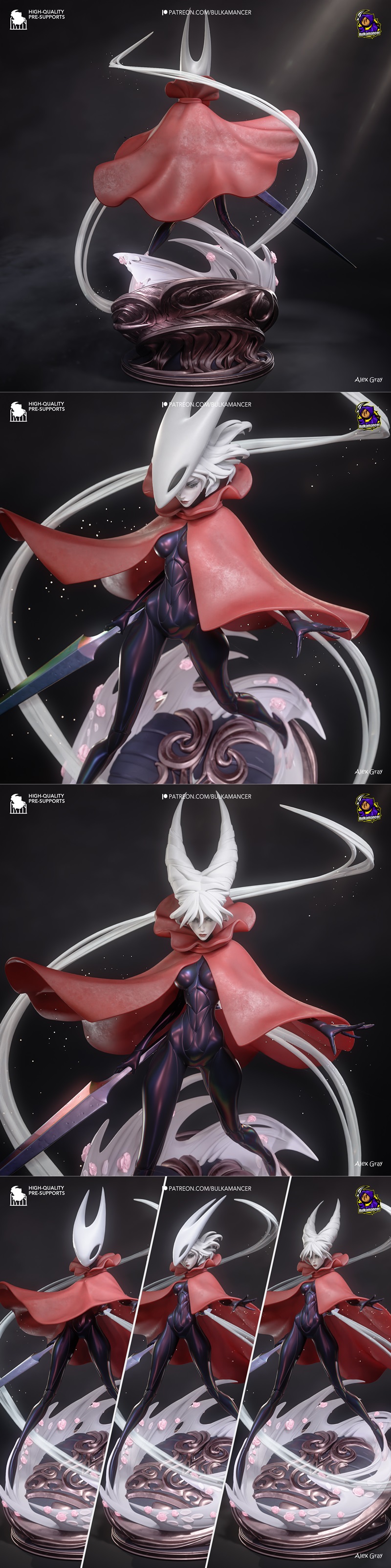 Hornet from Hollow Knight, wearing a red cape and dark armor, holding a needle weapon. 3D model by Bulkamancer Sculpts.