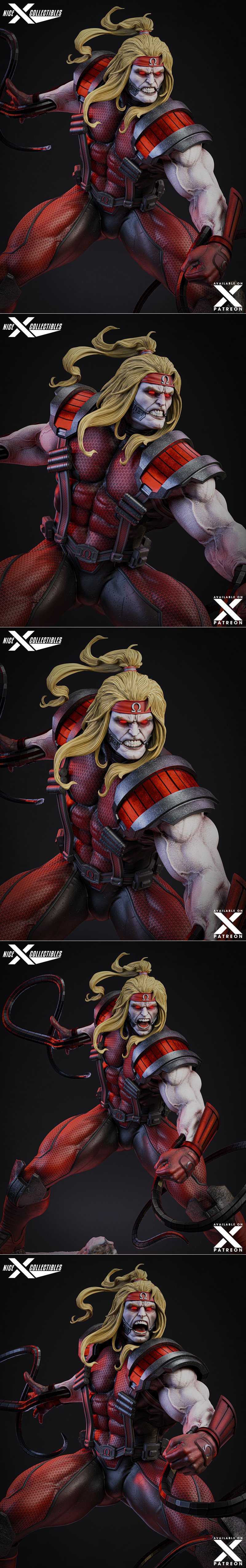 1:6 scale 3D print model of Marvel's Omega Red in a dynamic pose, holding coiled tentacles, wearing red and black arm...