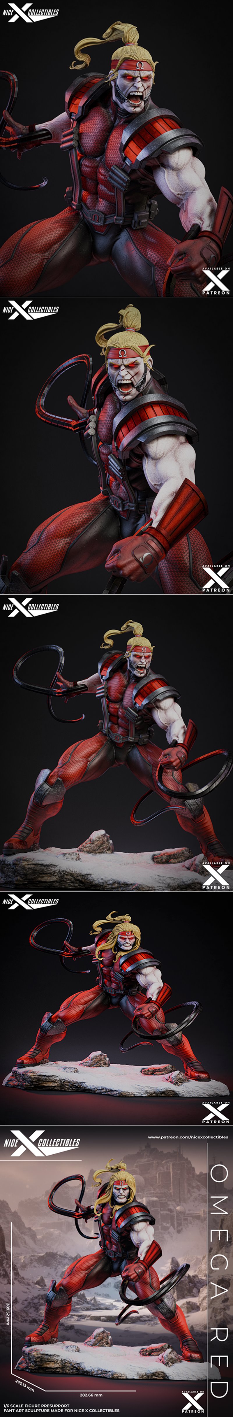 1:6 scale 3D print model of Marvel's Omega Red in a dynamic pose, holding coiled tentacles, wearing red and black arm...