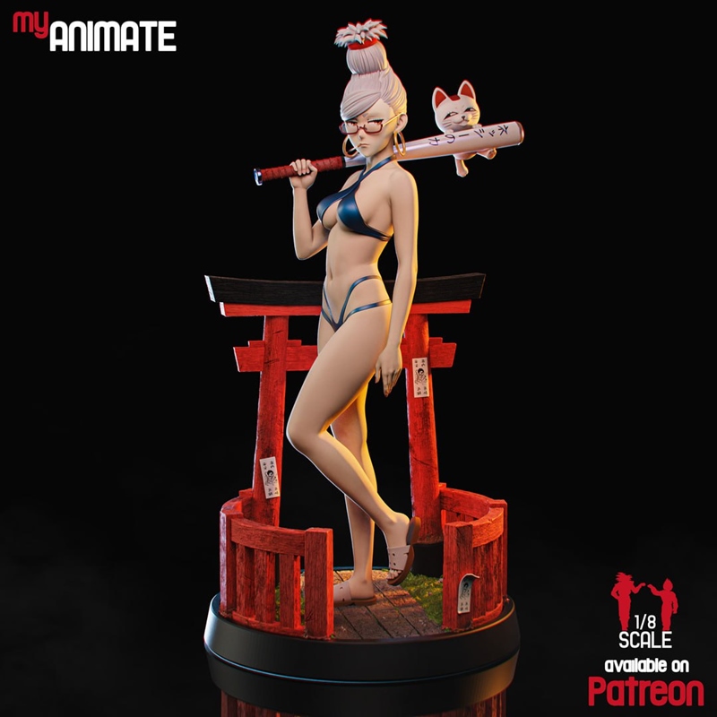 Seiko from Dandadan anime figure, holding a baseball bat with a smoking cigarette and a cat, wearing a bomber jacket...