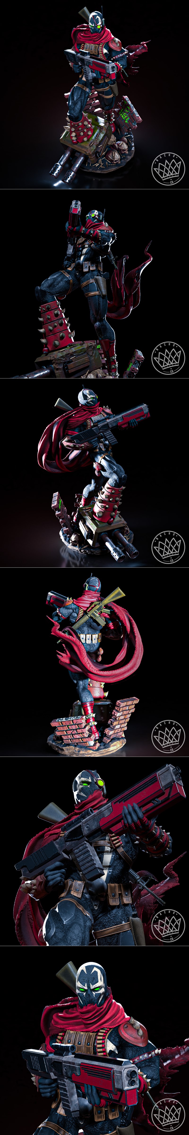 Commando Spawn statue with red scarf and gun, standing on a base with bricks and skulls. Nacho CG model.