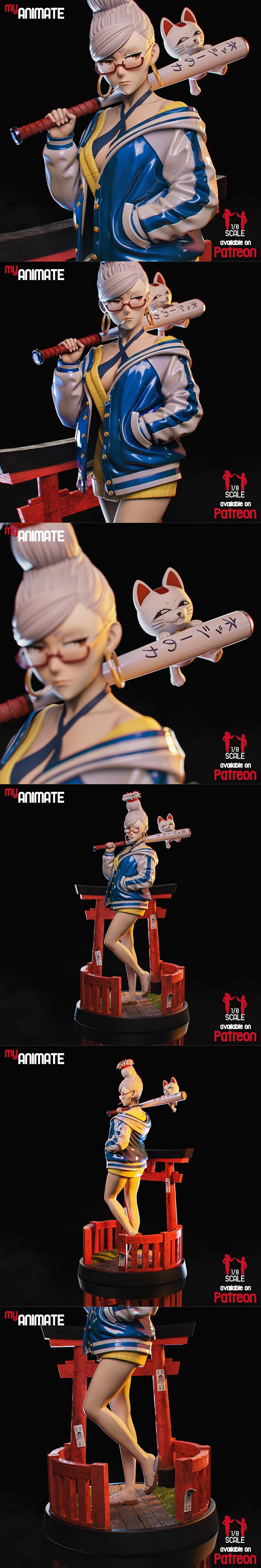 Seiko from Dandadan anime figure, holding a baseball bat with a smoking cigarette and a cat, wearing a bomber jacket...