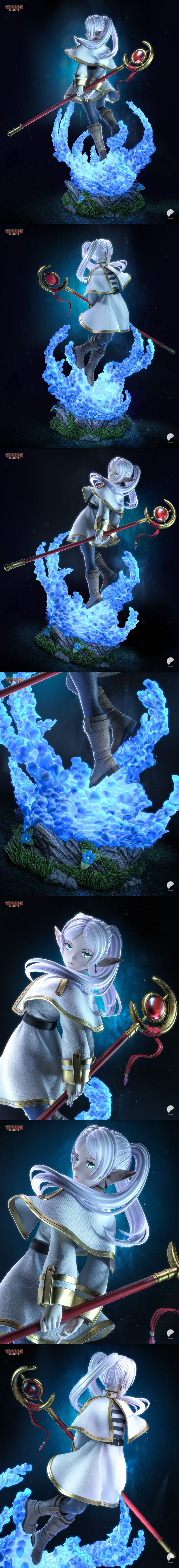 Frieren, the elf mage from Frieren: Beyond Journey's End, stands dynamically amidst swirling blue magical energy, hol...