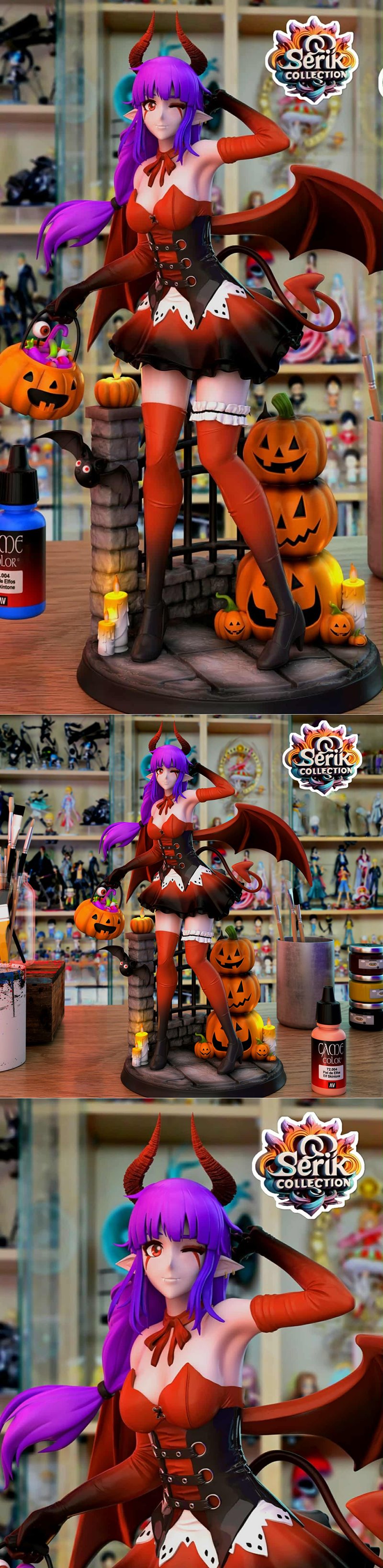 Esil Halloween 3D model figure with purple hair, red horns, and bat wings, holding a jack-o'-lantern bucket. Dressed...