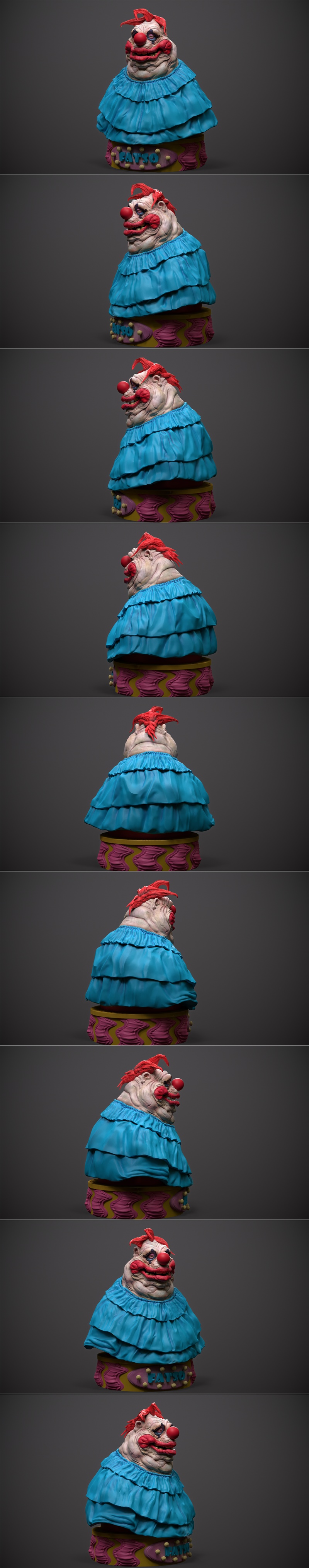Bust of Fatso the Killer Klown from Outer Space, featuring a red nose, clown makeup, wrinkled skin, and a blue ruffle...