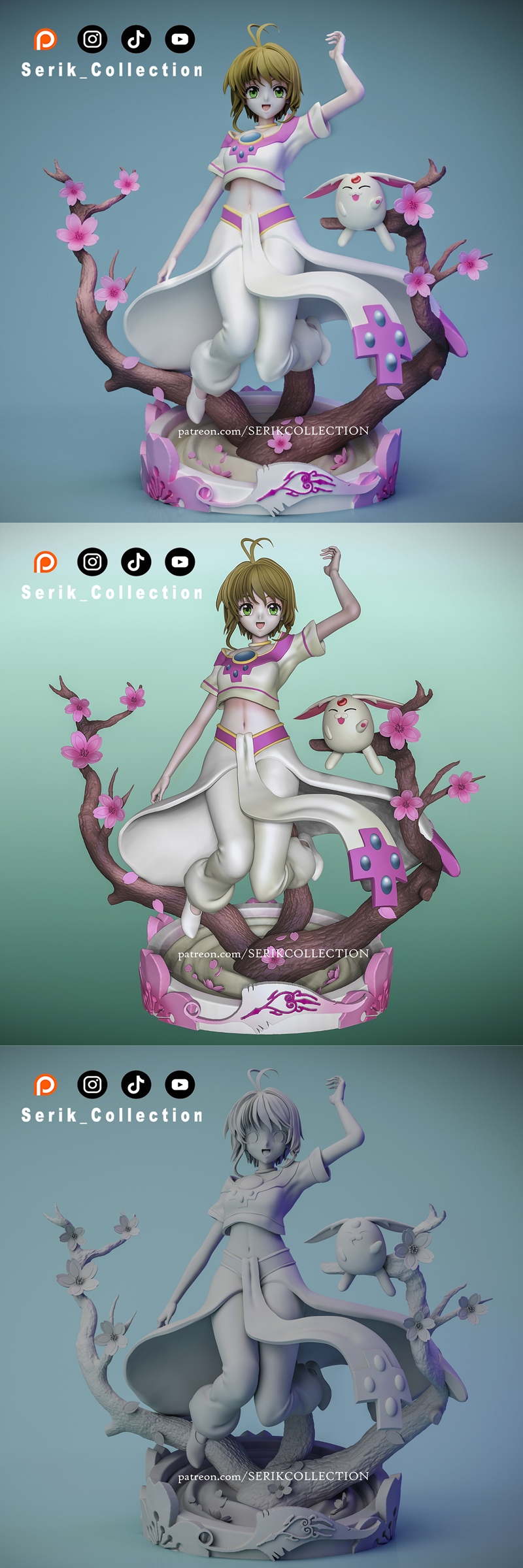 Sakura and Mokona from Tsubasa Reservoir Chronicle posed on a cherry blossom branch. Sakura wears a white and pink ou...