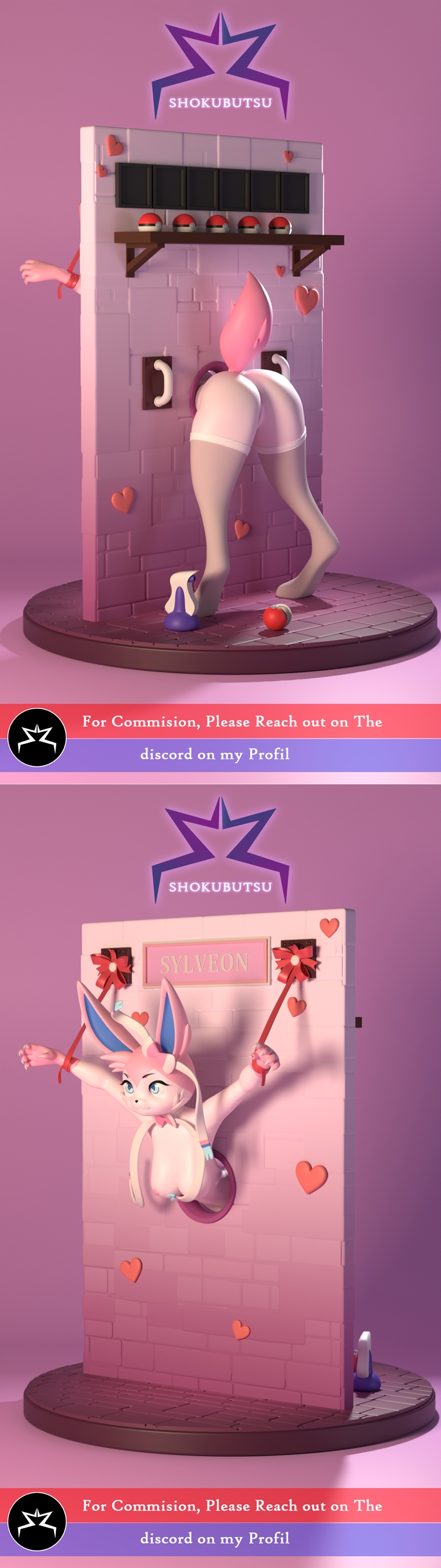 Stylized 3D model of Sylveon from Pokémon, pink with blue accents, bound by red ribbons against a pink brick wall wit...