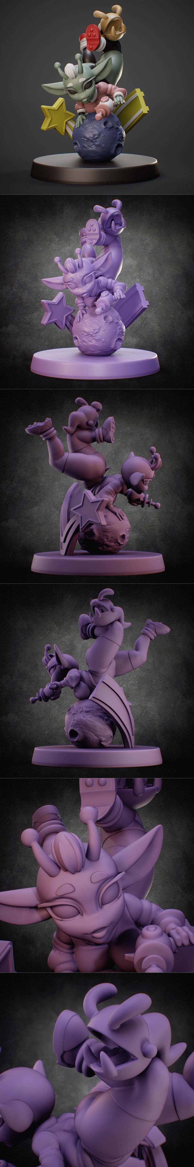 Two stylized alien figures on a moon base: a green alien with a ray gun and a yellow alien in a dynamic pose, with a...