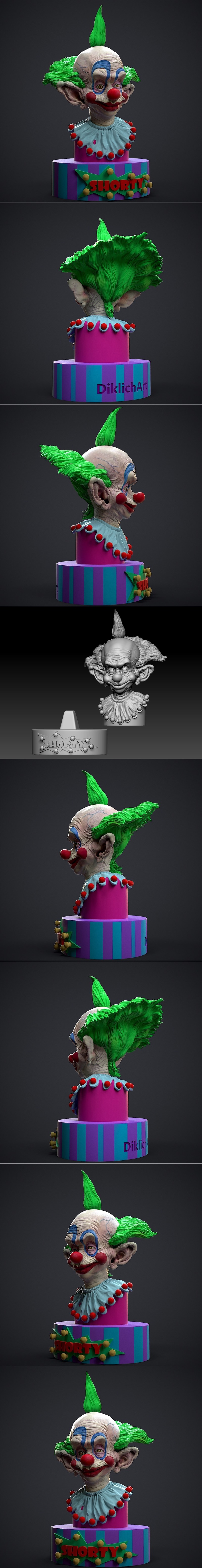 3D printable bust of Shorty the Killer Klown, featuring green hair, clown makeup, and a large grin, displayed on a co...