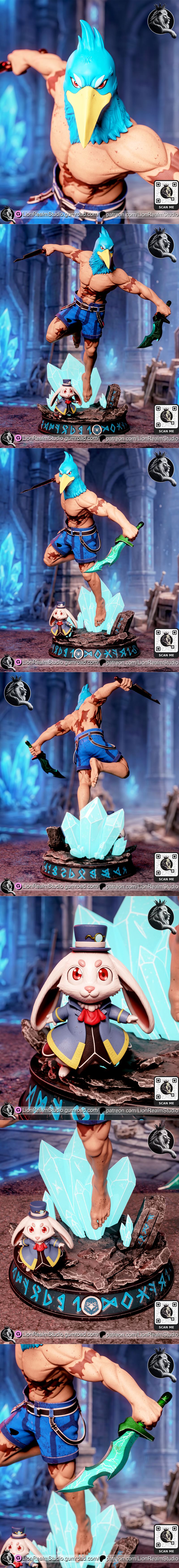 Sunraku from Shangri-La Frontier, a muscular character with a blue bird mask, wearing blue shorts and wielding two sw...