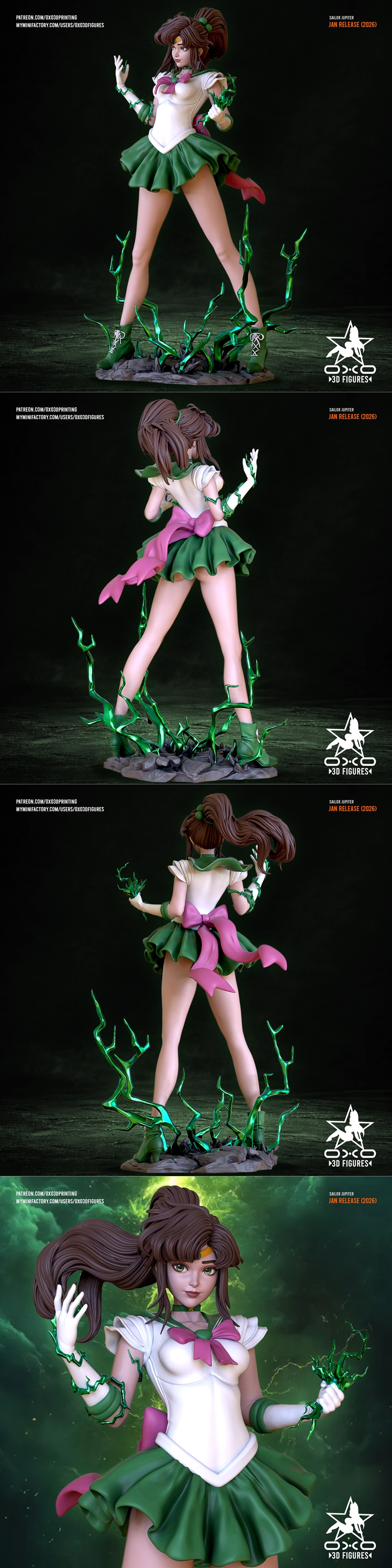 Sailor Jupiter 3D model figure by OXO3D Figures, wearing green and white uniform, with brown hair, surrounded by gree...