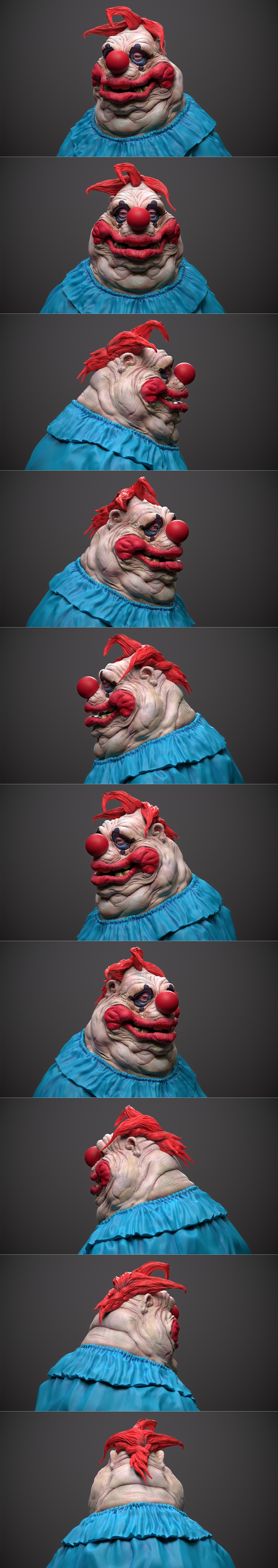 Bust of Fatso the Killer Klown from Outer Space, featuring a red nose, clown makeup, wrinkled skin, and a blue ruffle...