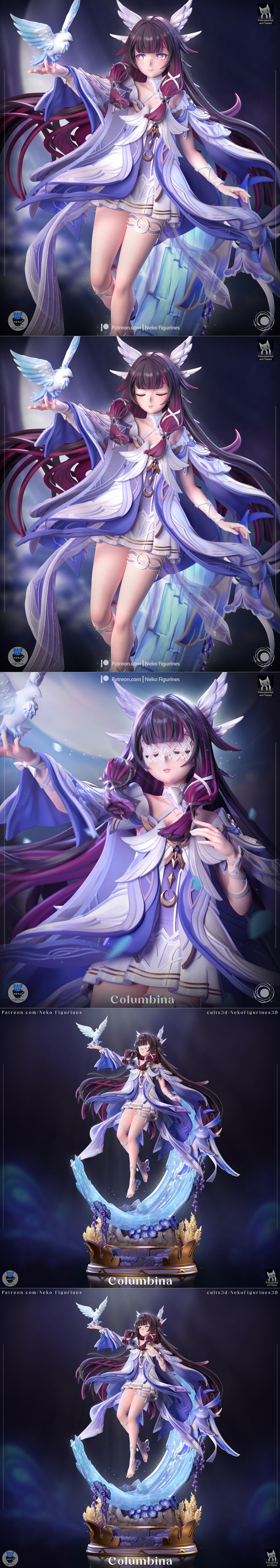 Columbina figure from Genshin Impact, holding a white bird, wearing a white and purple layered outfit with feather de...