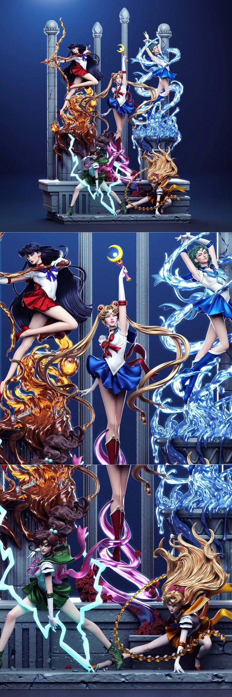 Sailor Moon diorama 3D model featuring multiple Sailor Guardians in dynamic poses with elemental effects, including f...