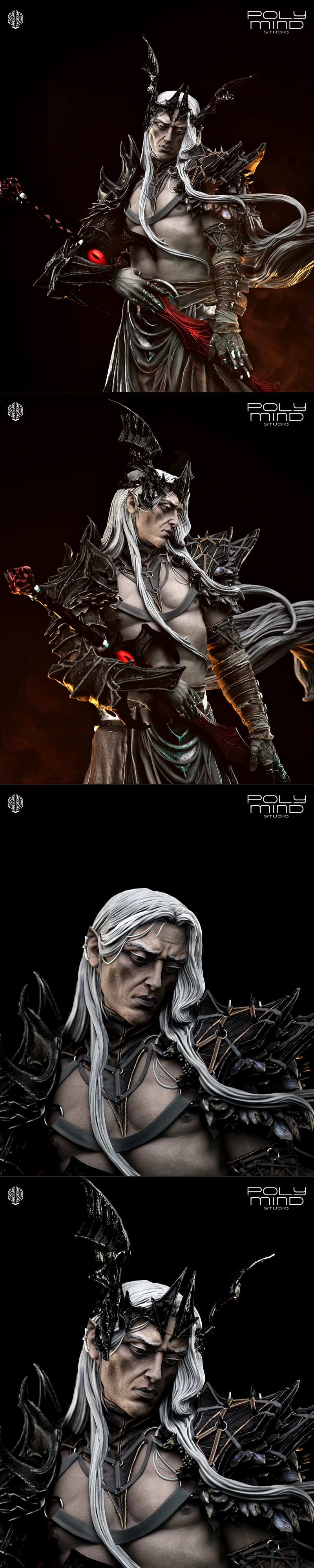 Elric 3D model figure by PolyMind Studio, dark fantasy elf with white hair, crown, spiky armor, holding a red sword a...