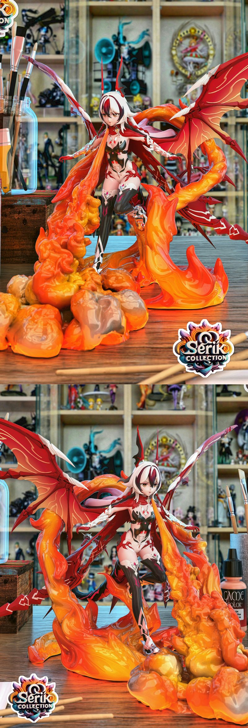 Detailed 3D model of Coralie, a female character with white and red hair, large red wings, and a revealing dark outfi...