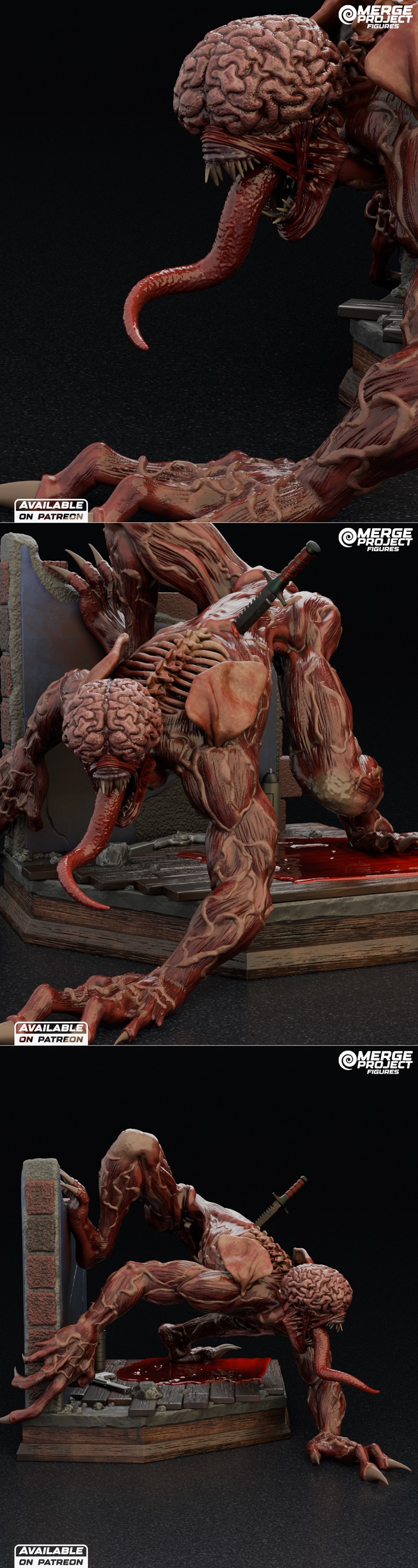 3D model of the Licker from Resident Evil, a grotesque monster with exposed muscles, brain, sharp claws, and a long t...