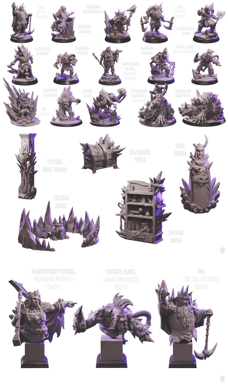 Collection of fantasy 3D printable models from Loot Studios, featuring the Kragudür Clan with crystalline armor, mons...