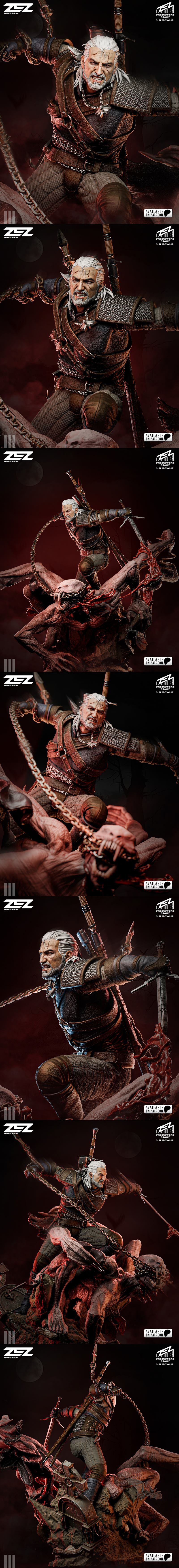 Geralt of Rivia figure in combat atop a monstrous creature, rendered in a realistic fantasy style. Geralt wields a sw...