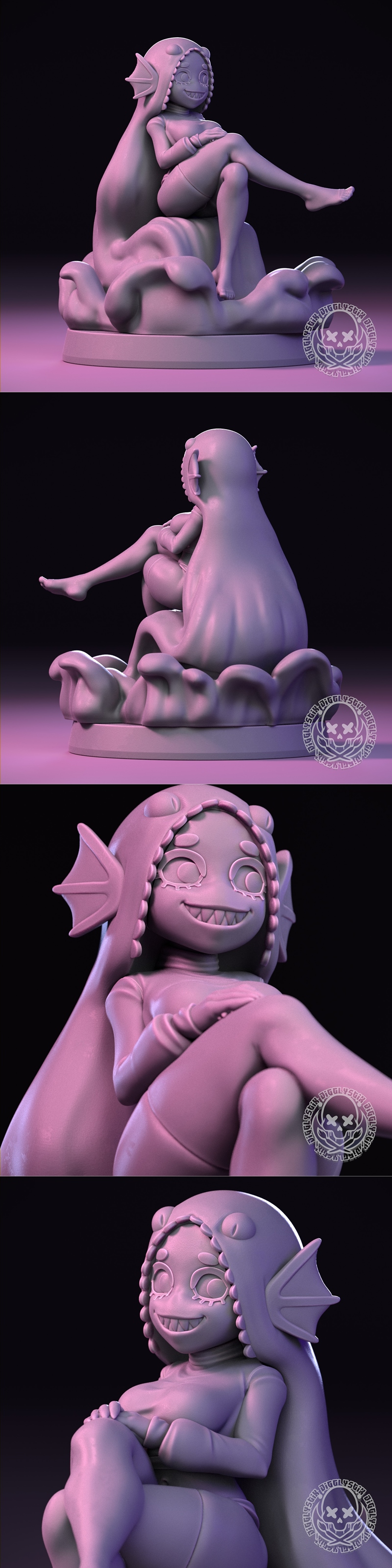 Stylized 3D model figure of a 'Brave Water Demon' with large eyes and a wide grin, seated on an organic base. The cha...
