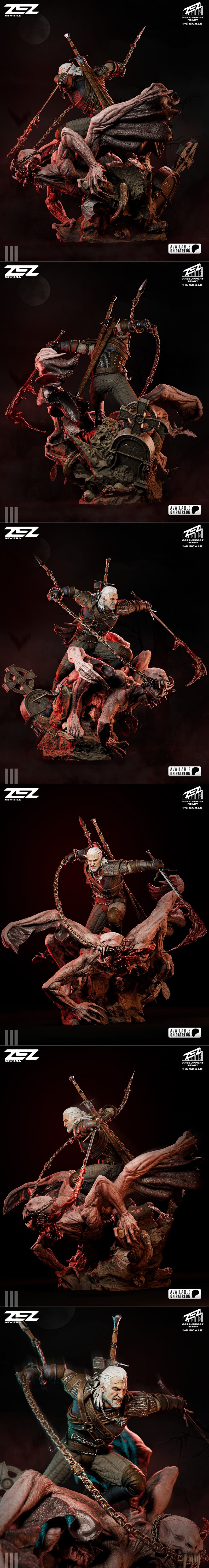 Geralt of Rivia figure in combat atop a monstrous creature, rendered in a realistic fantasy style. Geralt wields a sw...