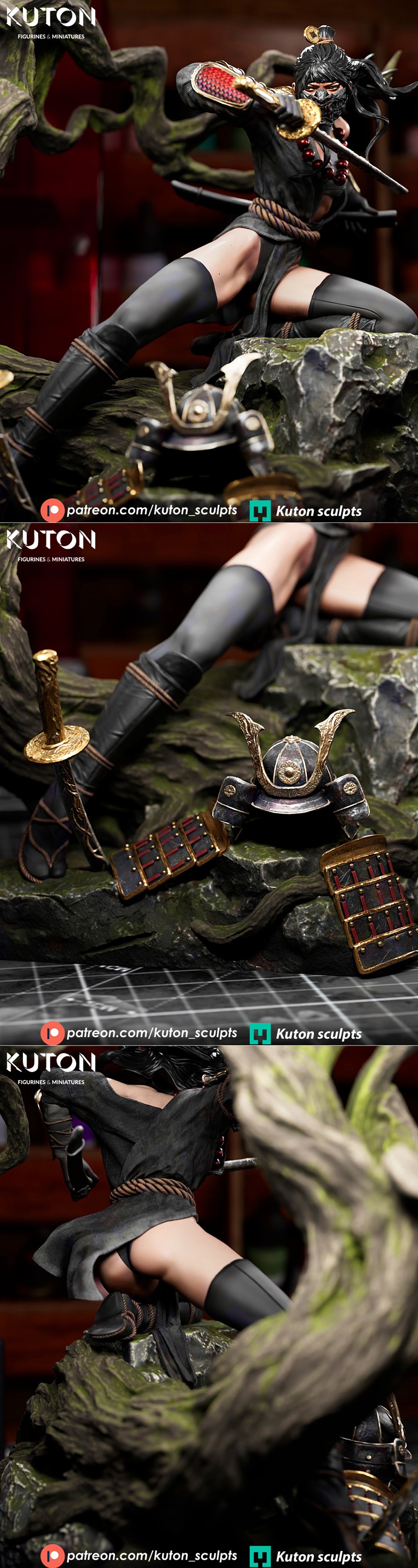 Kurohana 3D model figure in dynamic samurai pose, holding a katana, wearing segmented armor and dark attire, on a mos...