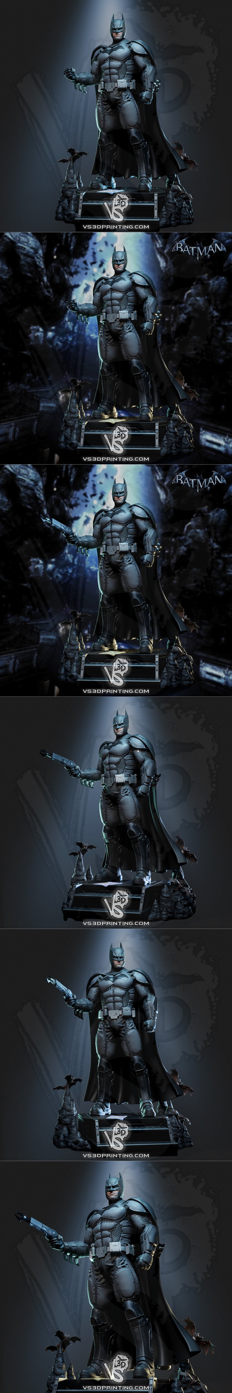 VS3D Batman Arkham Origins 3D model figure, standing heroically on a diorama base with bats and rocky terrain. Detail...