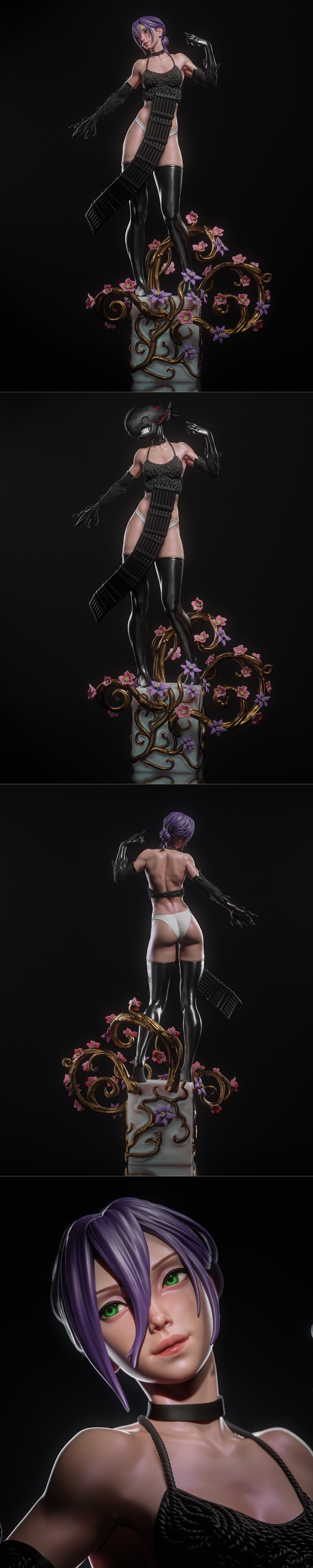 Raze 3D model figure with purple hair, green eyes, wearing a halter top, white underwear, black boots, and clawed glo...