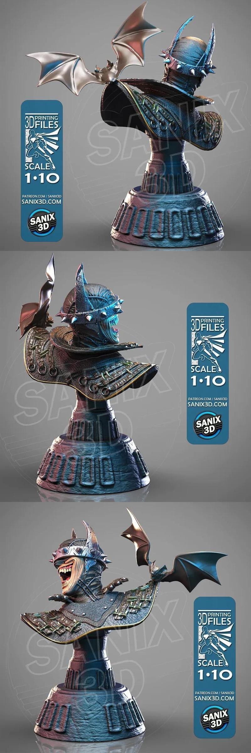 Sanix 3D printable bust of the Laughing Bat character, wearing spiked armor and a menacing grin, with bat wings on it...