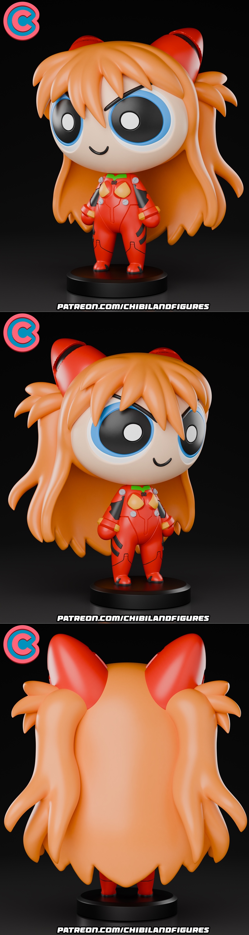 Chibi Asuka from Evangelion in Powerpuff Girls style, wearing a red plugsuit with orange hair and large blue eyes, st...