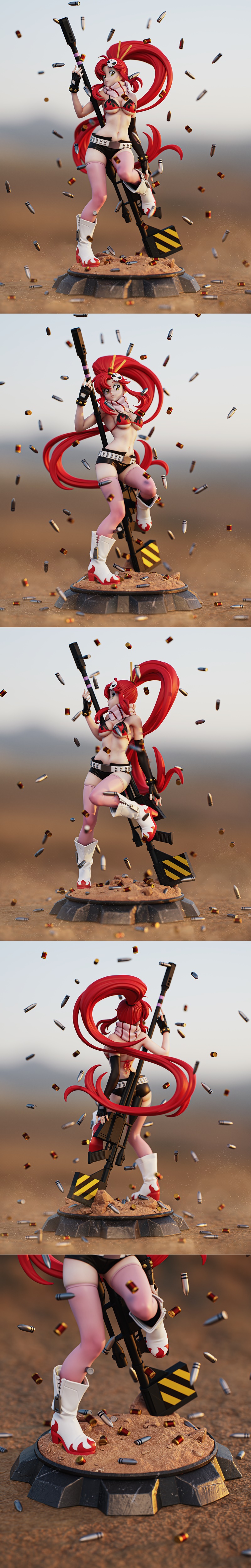 Yoko Littner from Gurren Lagann holding a rifle, surrounded by falling bullets. She wears a red bikini, black shorts,...