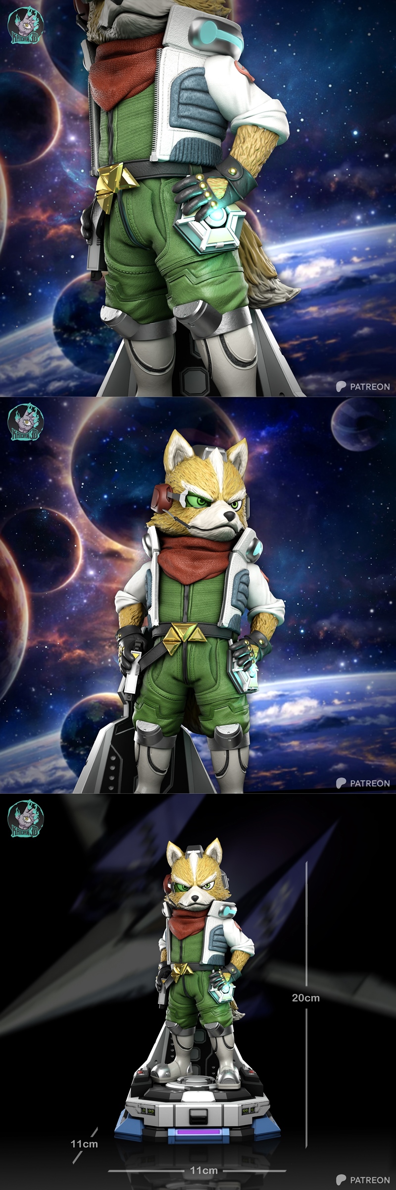Fox McCloud, an anthropomorphic fox in a green flight suit and white jacket, stands with his hand on his hip, wearing...