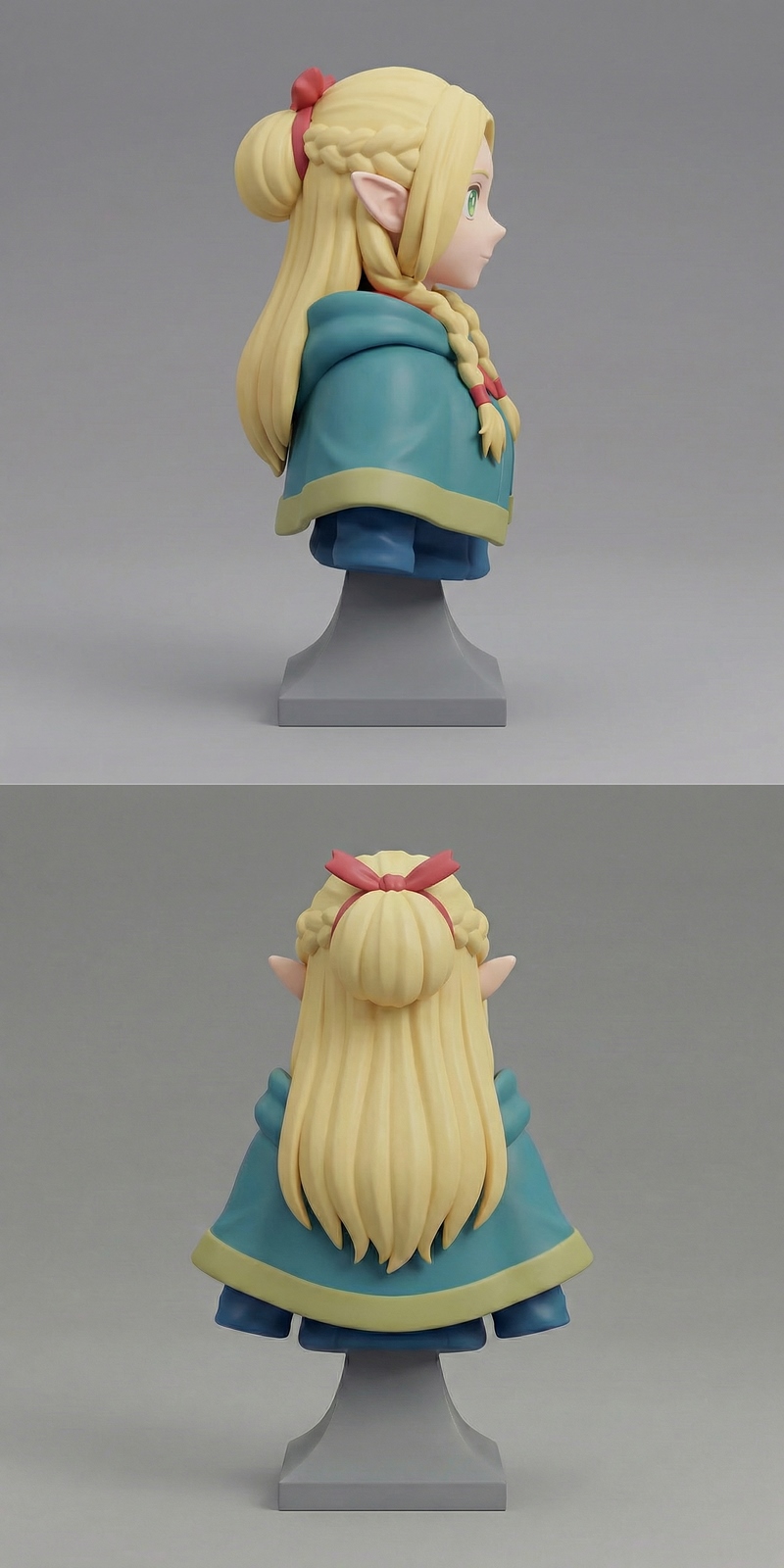 Bust of Marcille from Ranking of Kings, featuring blonde braided hair, green eyes, pointed ears, and a blue hooded cl...
