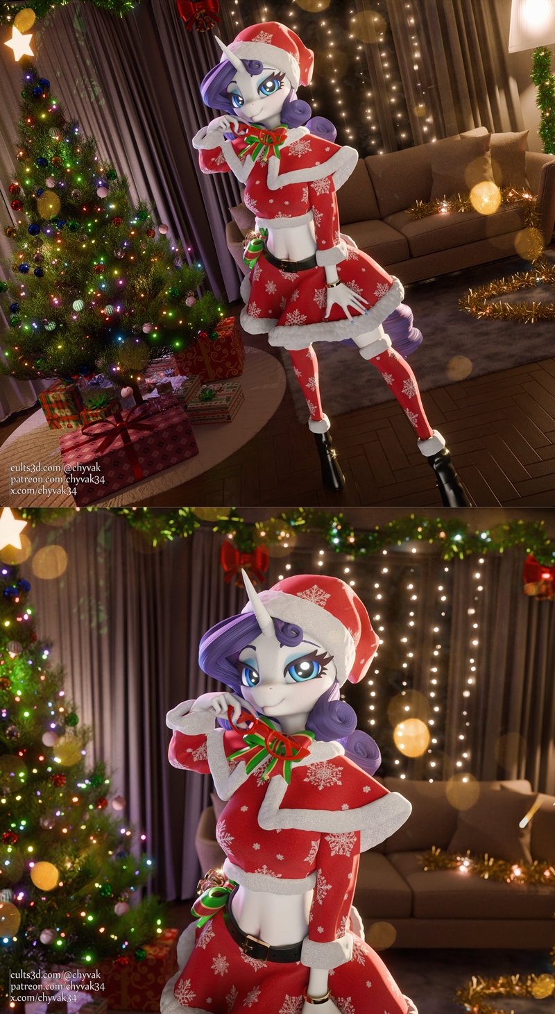 Rarity from My Little Pony in a Christmas outfit, wearing a Santa hat and snowflake-patterned attire, holding a gift....