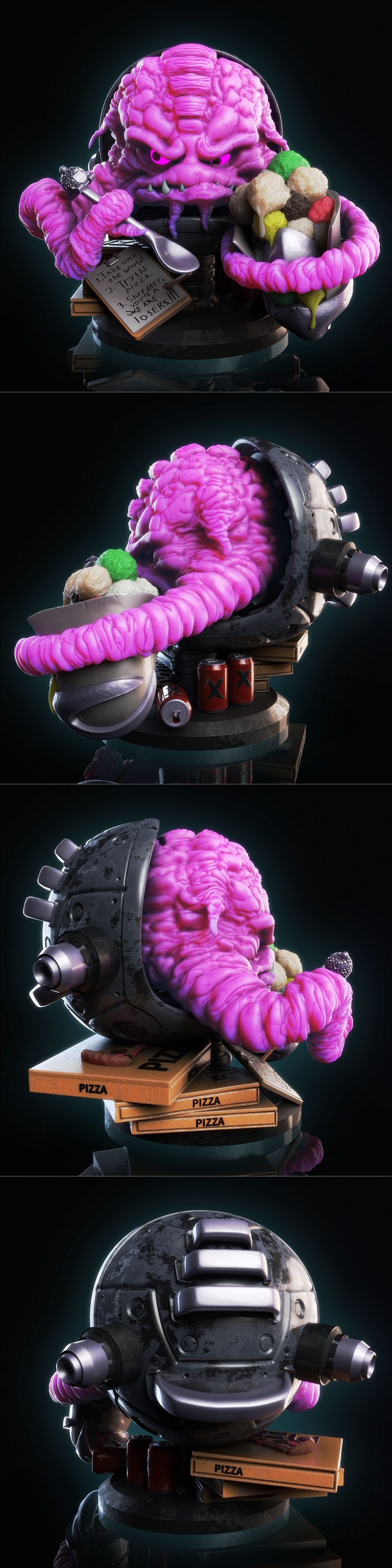 3D model of Krang from Teenage Mutant Ninja Turtles, holding a spoon and a notepad, with a bowl of colorful food. Pin...