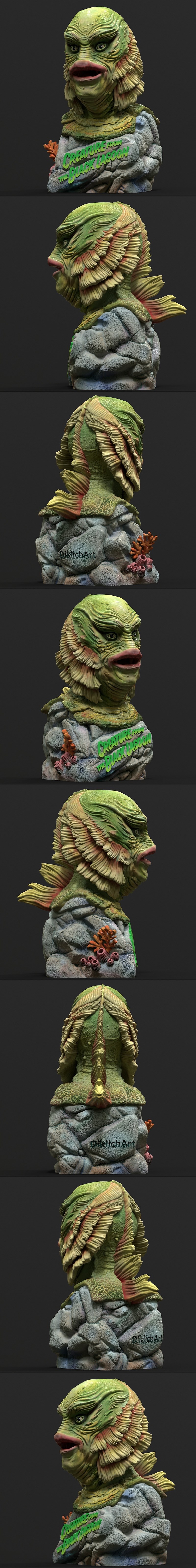 Bust of the Creature from the Black Lagoon, a green-skinned amphibious monster with gills and large lips, on a rocky...