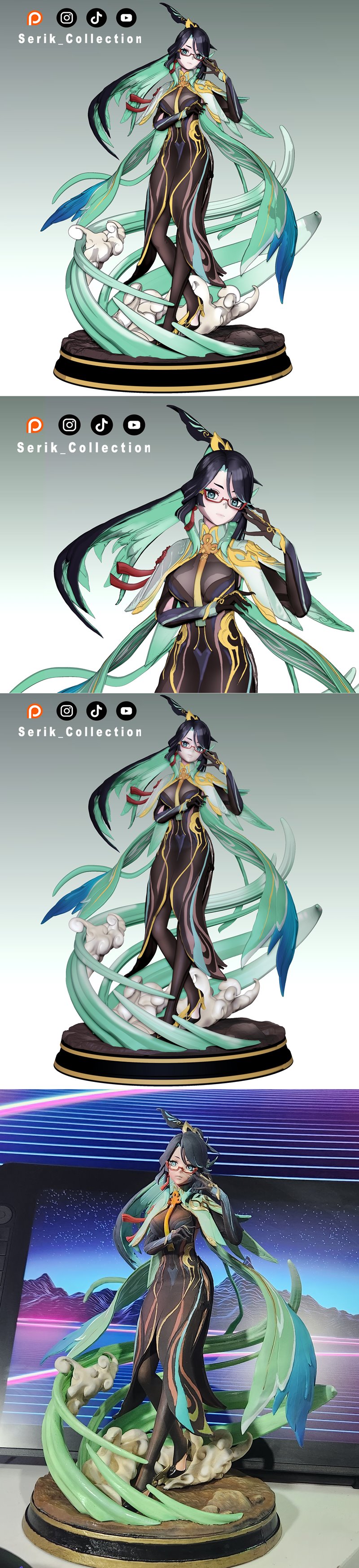 3D print figure of Xianyun from Genshin Impact, wearing glasses and an ornate brown and gold dress with flowing blue...