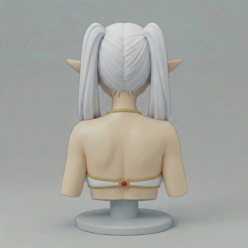 3D printable bust of Frieren from Frieren: Beyond Journey's End, wearing a white bikini with gold trim, long white ha...
