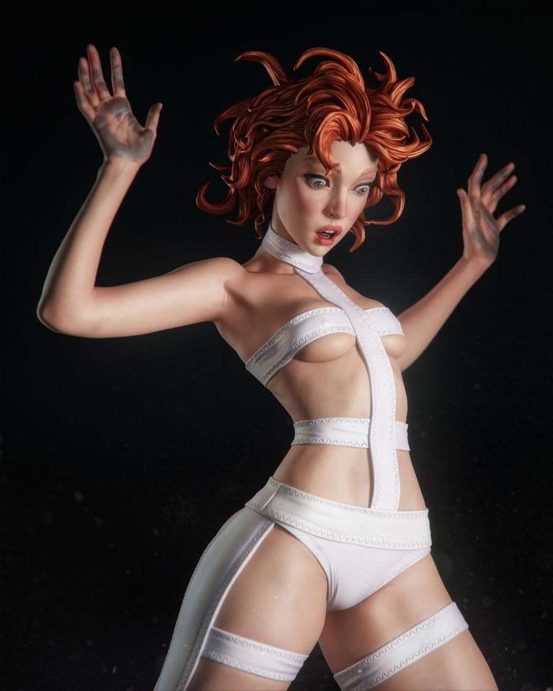 3D model of Leeloo from The Fifth Element, wearing a white bandage outfit, with wild orange hair and a surprised expr...