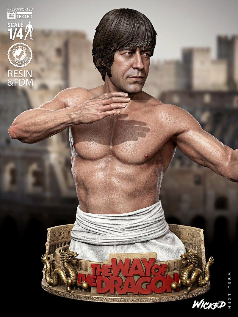 Bust of Chuck Norris in a martial arts pose, wearing a white sash, on a base featuring 'The Way of the Dragon' title...