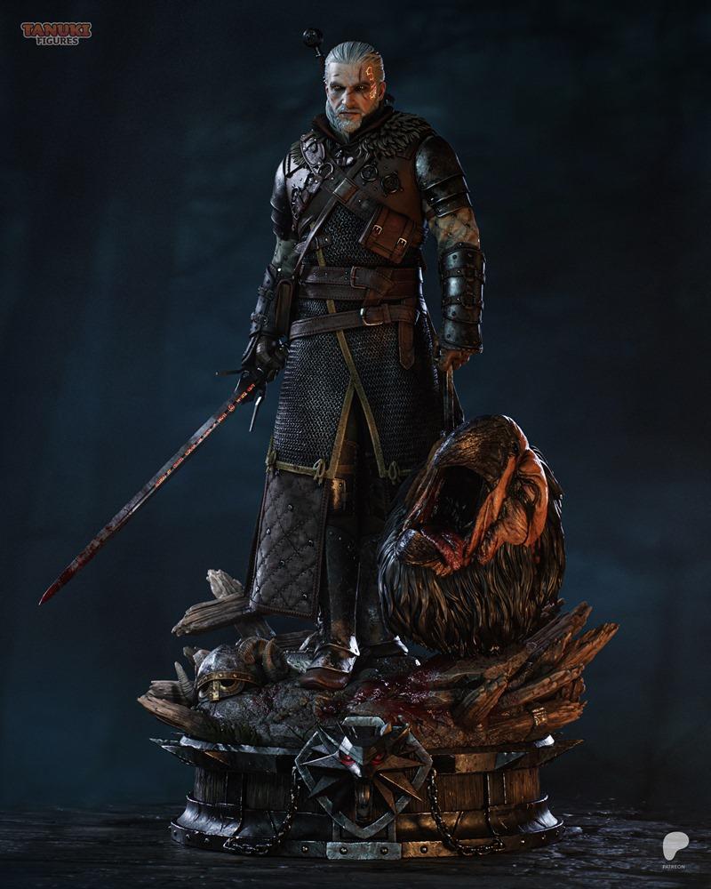 Geralt of Rivia figure from The Witcher, holding a bloody sword and a monster trophy, standing on an ornate base with...