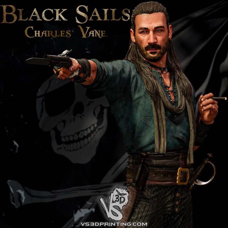 VS3D 3D model of Charles Vane from Black Sails, holding a pistol and cigar, wearing pirate attire with a skull flag i...
