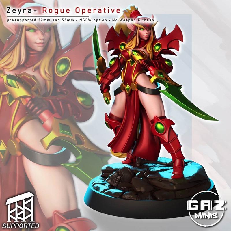 Valeera Sanguinar 3D model figure by Gaz Minis, wearing red and gold armor, holding two green swords, posed heroicall...