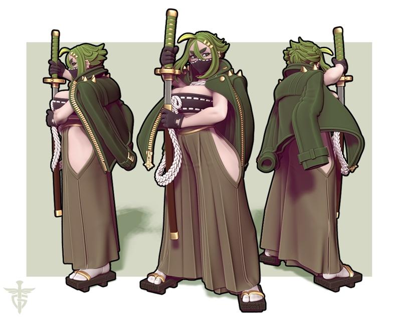 Three views of the Midori 3D model: a female warrior with green hair, mask, green jacket, and hakama, holding a katan...